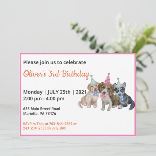 Pure Puppy | Dogs Theme Boy First Birthday Party Kaart (Staand voorkant)