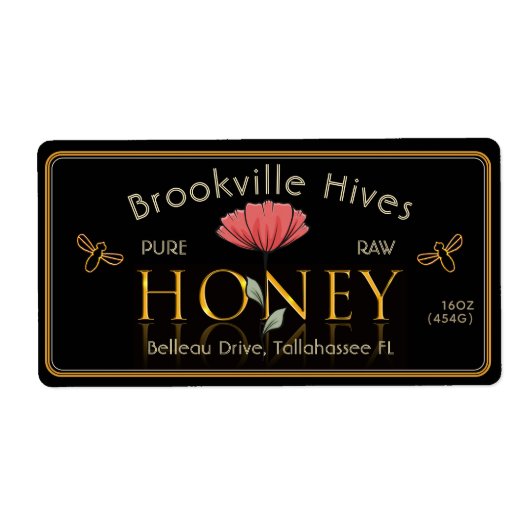 Pure Raw Honey Label Black and Gold Red Flower Bee (Voorkant)