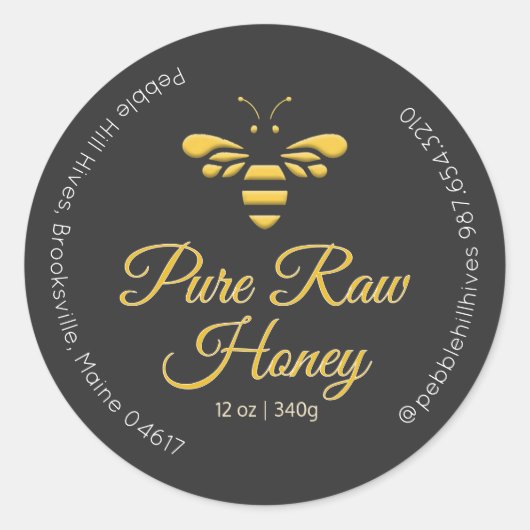 Pure Raw Honey Label Gele Honingbij op Houtskool (Voorkant)
