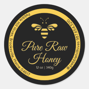 Pure Raw Honey Label Gele Honingbij op Zwart