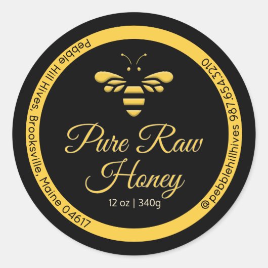 Pure Raw Honey Label Gele Honingbij op Zwart (Voorkant)