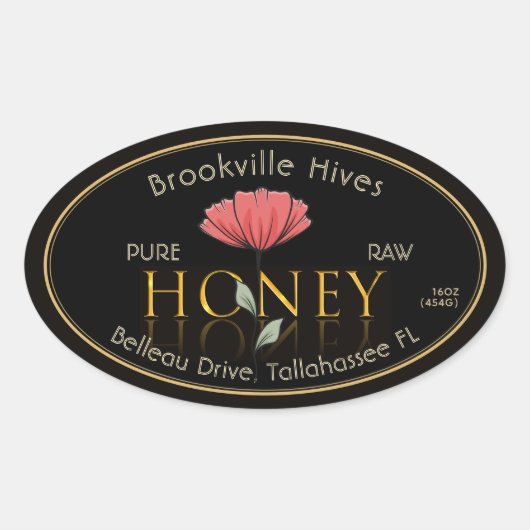 Pure Raw Honey Label Zwart en Goud Poppy Flower (Voorkant)