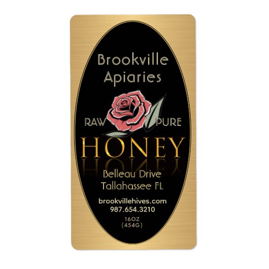 Pure Raw Honey Label Zwart Goud Border Roos Flower (Voorkant)