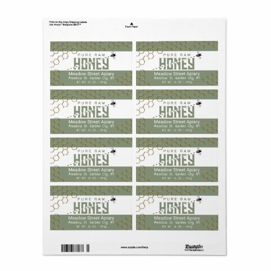 Pure Raw Honey Schattige Bee Crossing Gold Honingr Etiket (Full Sheet)
