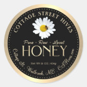 Pure Raw Local Honey Daisy Bee Zwart Gouden Rand Ronde Sticker (Voorkant)