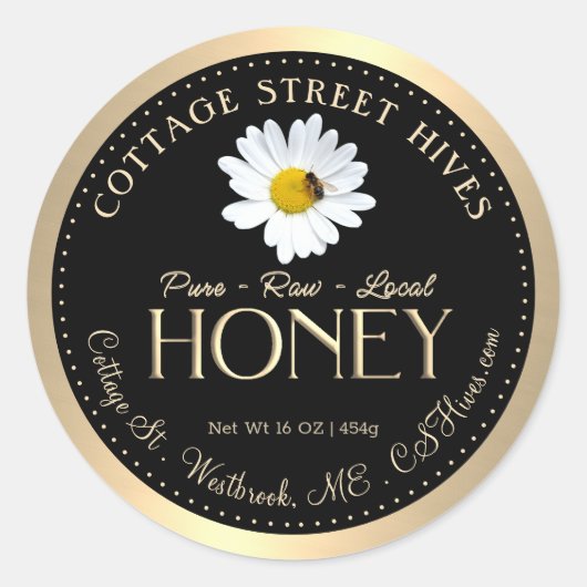 Pure Raw Local Honey Daisy Bee Zwart Gouden Rand Ronde Sticker (Voorkant)