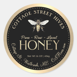 Pure Raw Local Honey Queen Bee Zwart Gouden Rand Ronde Sticker