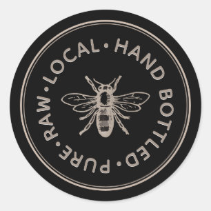 Pure Raw Lokale Hand Gebotteld Honing Bee Embleem  Ronde Sticker
