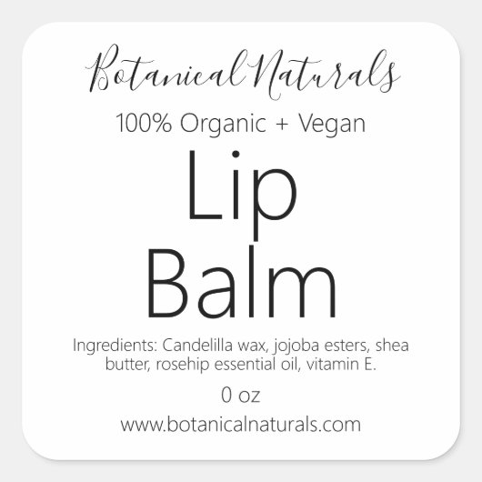 Pure Vegan Handgemaakte Biologische Lip Balm Tube  Vierkante Sticker (Voorkant)