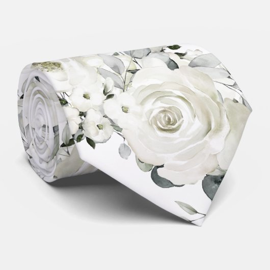 Pure White Roses & Silver Eucalyptus Wedding Stropdas (Opgerold)