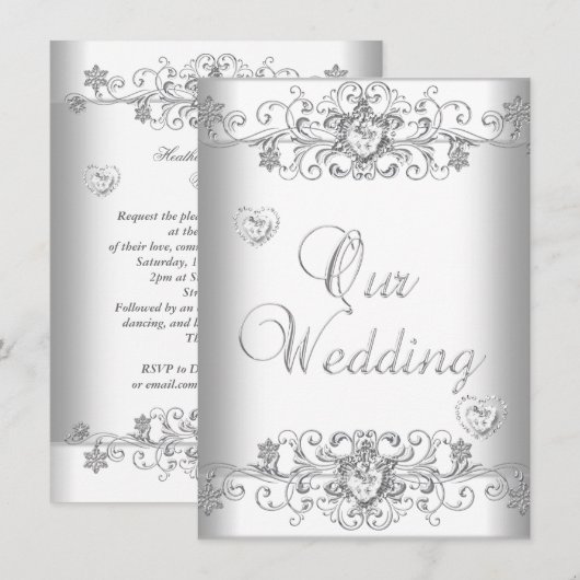 Pure White Wedding Silver Diamond Hearts Kaart (Voorkant / Achterkant)