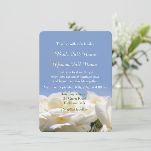 Pure witte roos bloemen bruid en bruidegom bruilof kaart (Staand voorkant)