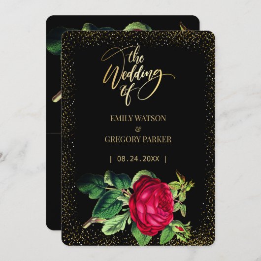 Pure zwart en goud elegantie, rode rozen bruiloft save the date (Voorkant / Achterkant)