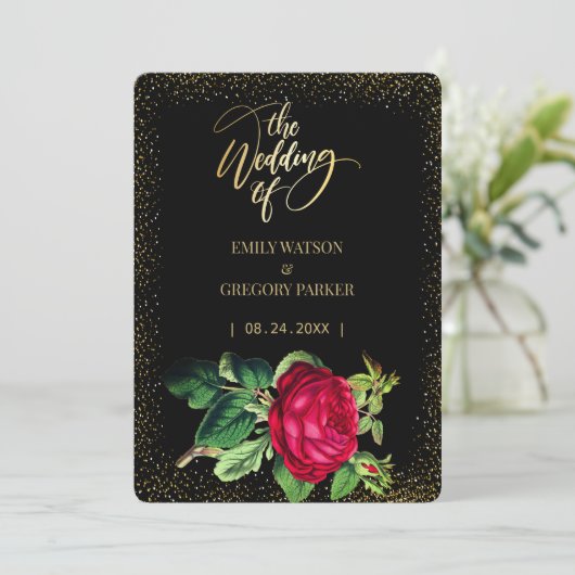 Pure zwart en goud elegantie, rode rozen bruiloft save the date (Staand voorkant)