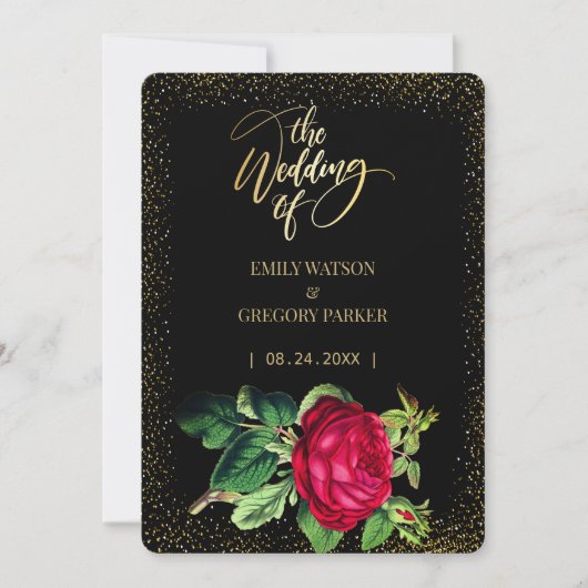 Pure zwart en goud elegantie, rode rozen bruiloft save the date (Voorkant)