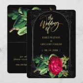 Pure zwart en goud elegantie, rode rozen save the date (Voorkant / Achterkant)