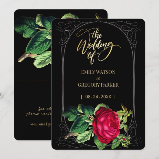 Pure zwart en goud elegantie, rode rozen save the date (Voorkant / Achterkant)