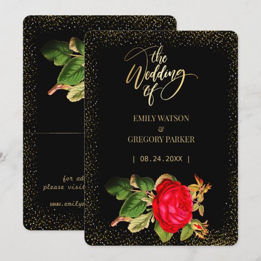 Pure zwarte en gouden elegantie, rode rozen bruilo save the date (Voorkant / Achterkant)