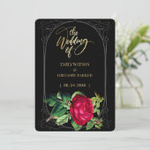 Pure zwarte en gouden elegantie, rode rozen save the date (Staand voorkant)