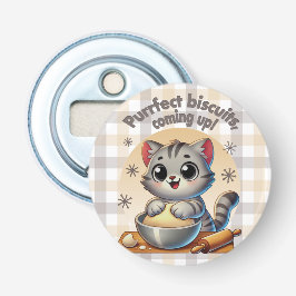 "Purfect biscuits, coming up" Kneading Cat Button Flesopener