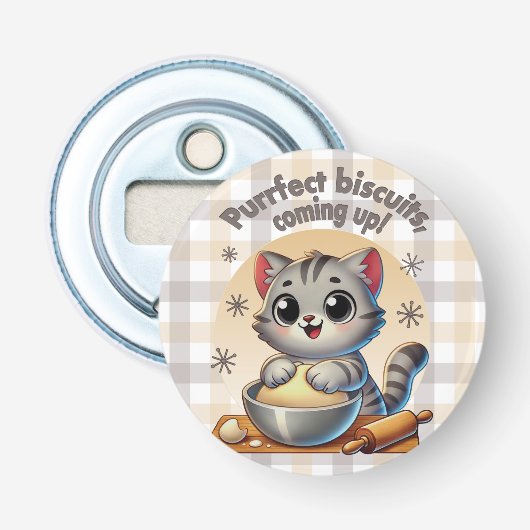 "Purfect biscuits, coming up" Kneading Cat Button Flesopener (Voorkant)