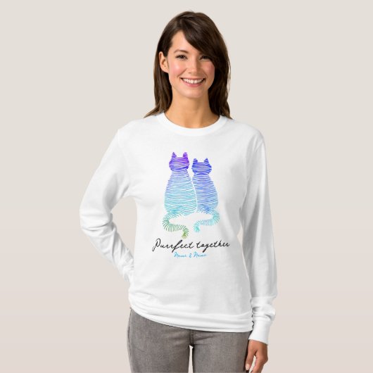 Purfect grillige kat paar romantische blauwe stree t-shirt (Voorkant volledig)