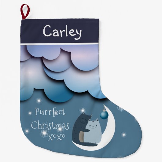 Purfect Kerstkatten op de Maan Gepersonaliseerd Grote Kerstsok (Voorkant)