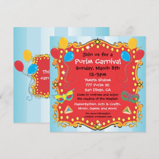 Purim Carnival Party Invitation Poster Kaart (Voorkant / Achterkant)