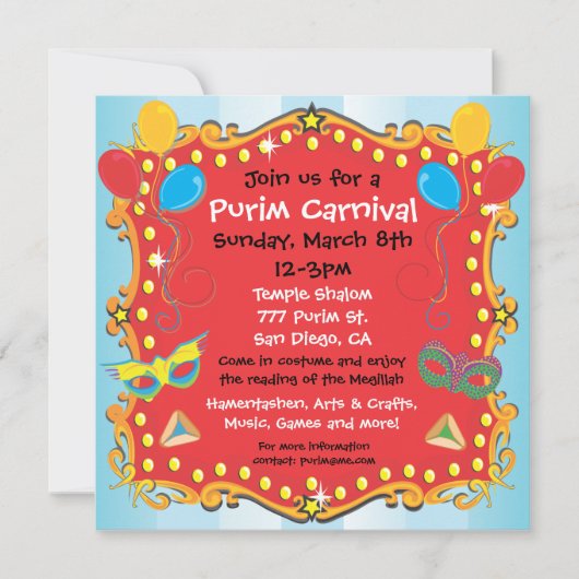 Purim Carnival Party Invitation Poster Kaart (Voorkant)
