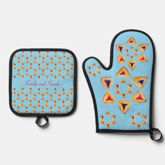 Purim Hamantaschen  Blue Ovenwant & Pannenlap Set (Voorkant)