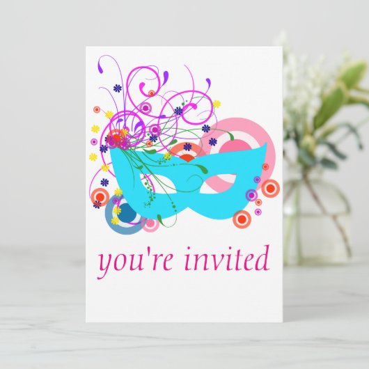 Purim Mask en Swirls Uitnodiging (Staand voorkant)