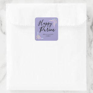 Purim Paarse Neon Feesthoed Mishloach Manot Naam Vierkante Sticker