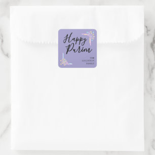 Purim Paarse Neon Feesthoed Mishloach Manot Naam Vierkante Sticker