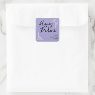 Purim Paarse Neon Feesthoed Mishloach Manot Naam Vierkante Sticker