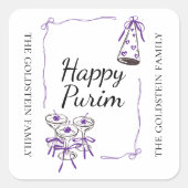 Purim Purple Bows Part Hat Drinks Mishloach Manot  Vierkante Sticker (Voorkant)