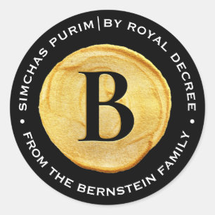 Purim Royal Gold Seal Monogram op zwart Ronde Sticker