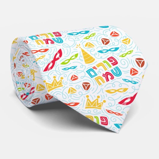 Purim Tie with Hebrew "Happy Purim" Text Stropdas (Opgerold)