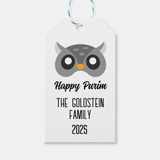Purim uil masker gemaskerd kostuum cadeaulabel (Voorkant)