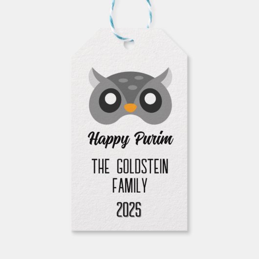 Purim uil masker gemaskerd kostuum cadeaulabel (Achterkant)