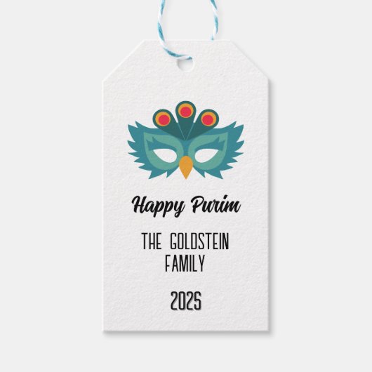 Purim uil masker maskerade kostuum Familienaam Cadeaulabel (Voorkant)