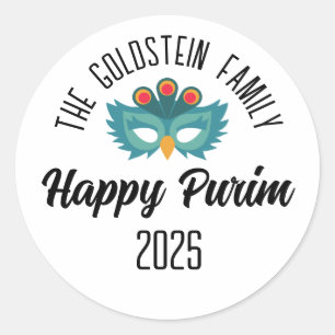 Purim uil masker maskerade kostuum Familienaam Ronde Sticker