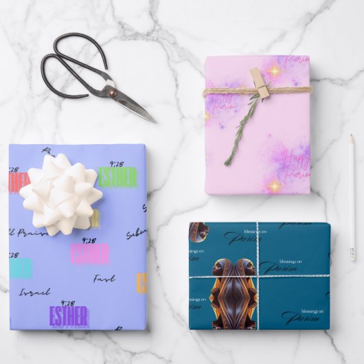 Purim Wrapping Paper Flat Sheet Set van 3 (Voorkant)