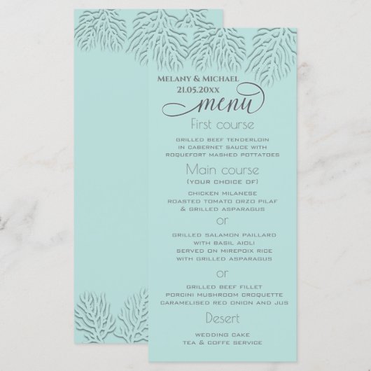 Purisblauw met romantische koraalkalligrafie menu (Voorkant / Achterkant)