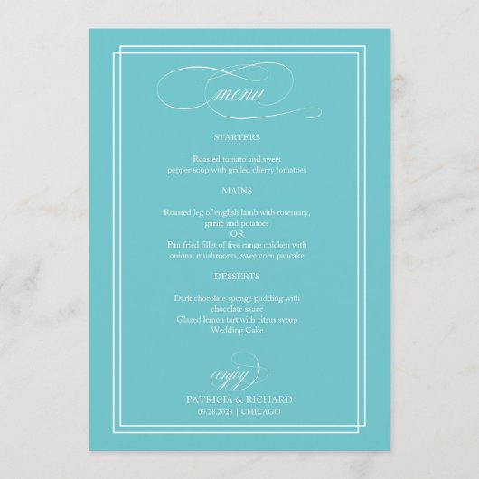 Purist Blauw Elegant Bruiloft Menu (Voorkant)