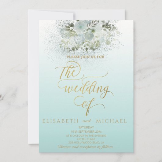 Purist blauw romantische bloemen goud kalligrafie kaart (Voorkant)