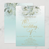 Purist blauw romantische bloemen goud kalligrafie kaart (Voorkant / Achterkant)