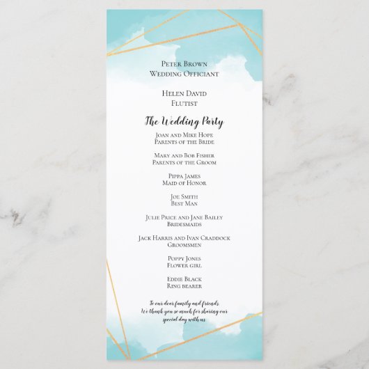 Purist Blauw Waterverf Goud Geometrische Lijn Brui Programmakaart (Achterkant)