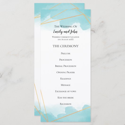 Purist Blauw Waterverf Goud Geometrische Lijn Brui Programmakaart (Voorkant / Achterkant)