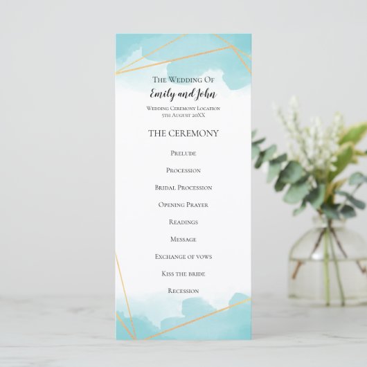 Purist Blauw Waterverf Goud Geometrische Lijn Brui Programmakaart (Staand voorkant)