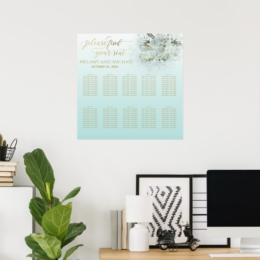 Purist blue ombre romantic floral gold calligraphy poster (Thuiskantoor)